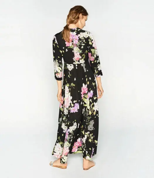 Vintage Half Sleeve Colored Floral Print Dress Woman High Waist Buttons Cotton Dresses Black 3