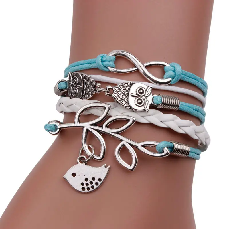 Vintage Handmade Silver 8 Owl Leaf Bird Bracelet Lovely Wristband Bracelet Pulseira Feminina 1