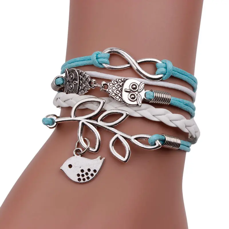 Vintage Handmade Silver 8 Owl Leaf Bird Bracelet Lovely Wristband Bracelet Pulseira Feminina 2