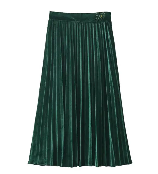 Vintage Hepburn Velvet High Waist Midi Pleated Skirt Woman A Line Skater Long Swing Skirts 1