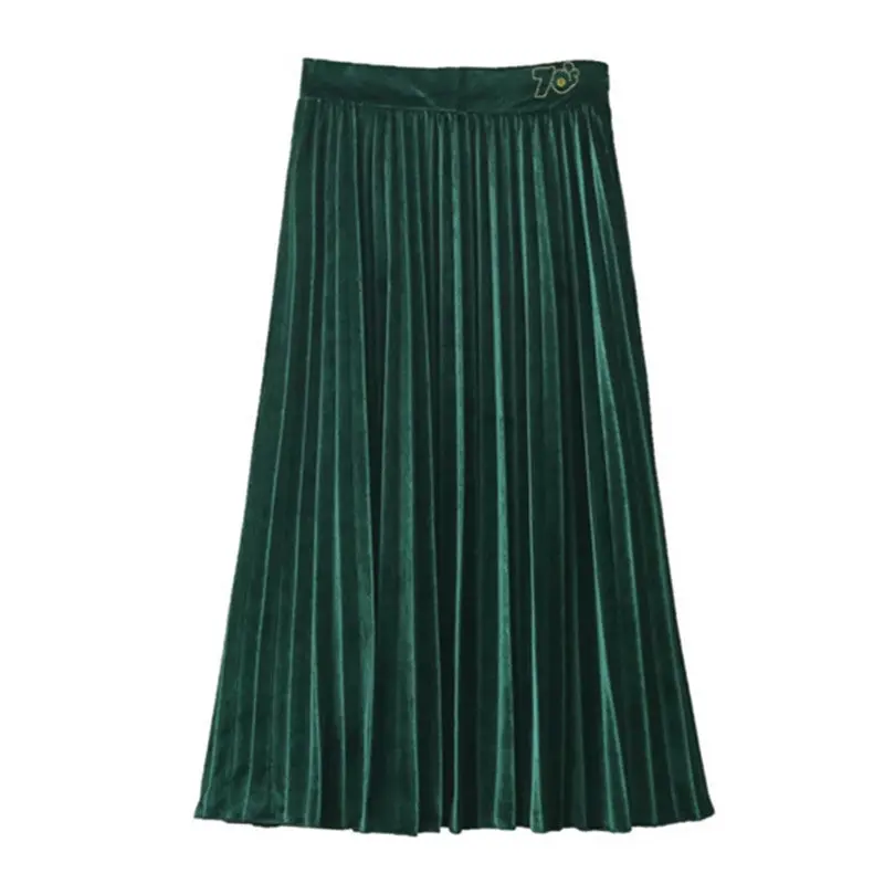 Vintage Hepburn Velvet High Waist Midi Pleated Skirt Woman A Line Skater Long Swing Skirts 3