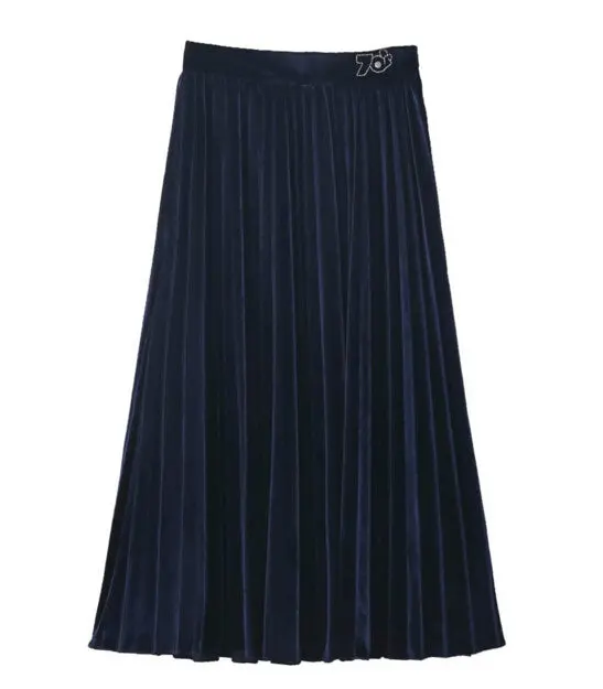 Vintage Hepburn Velvet High Waist Midi Pleated Skirt Woman A Line Skater Long Swing Skirts 4