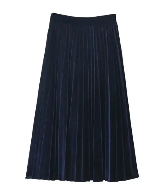 Vintage Hepburn Velvet High Waist Midi Pleated Skirt Woman A Line Skater Long Swing Skirts 5