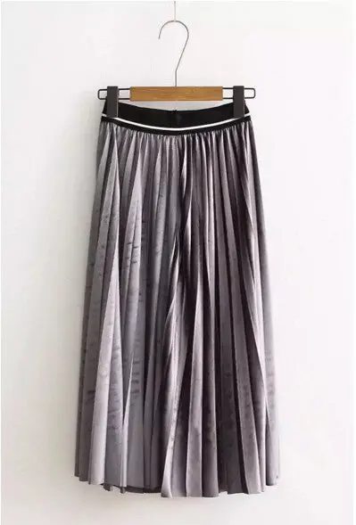 Vintage Hepburn Velvet High Waist Midi Pleated Skirt Woman Spliced Elastic Waist A Line Skater Long Swing Skirts 5 Colors 1