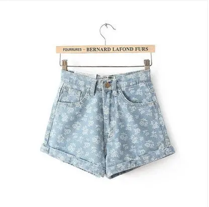 Vintage High Waisted Jean Shorts Retro Rose Print Denim Shorts Plus Size Women Shorts Blended Jeans Shorts 2