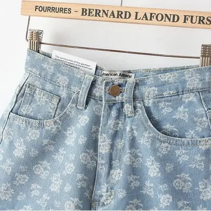 Vintage High Waisted Jean Shorts Retro Rose Print Denim Shorts Plus Size Women Shorts Blended Jeans Shorts 4