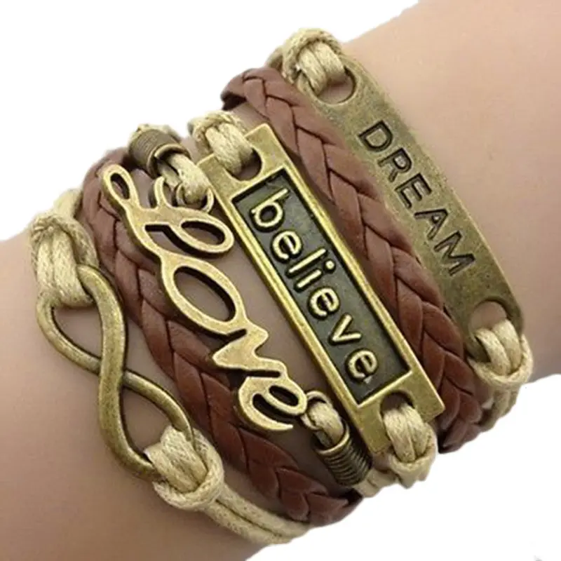 Vintage Infinity Love Believe Cute Charm Leather Bracelet Bronze Diy Xmas Jewelry Gift 1
