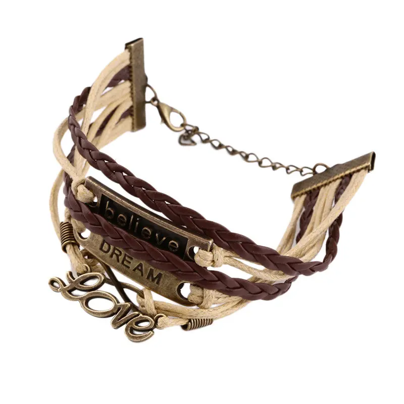 Vintage Infinity Love Believe Cute Charm Leather Bracelet Bronze Diy Xmas Jewelry Gift 2