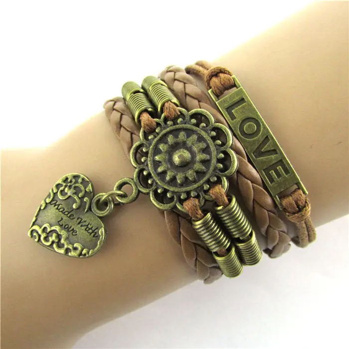 Vintage Infinity Love Heart Flower Friendship Leather Charm Bracelet & 1