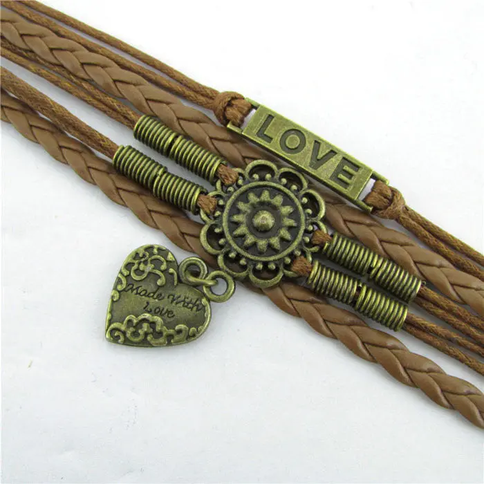 Vintage Infinity Love Heart Flower Friendship Leather Charm Bracelet & 2