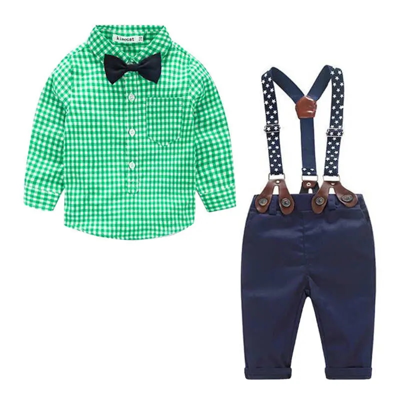 Vintage-Inspired Baby Boy Outfit – Plaid Shirt, Bow Tie & Suspender Set