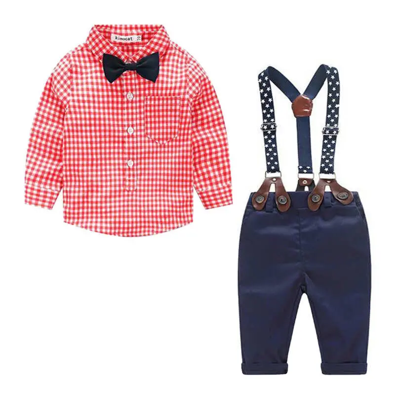 Vintage-Inspired Baby Boy Outfit – Plaid Shirt, Bow Tie & Suspender Set