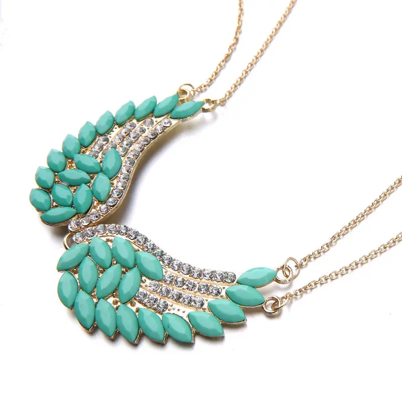Vintage Inspired Turquoise Rhinestone Angel Wings Pendant Statet Bib Necklace 1