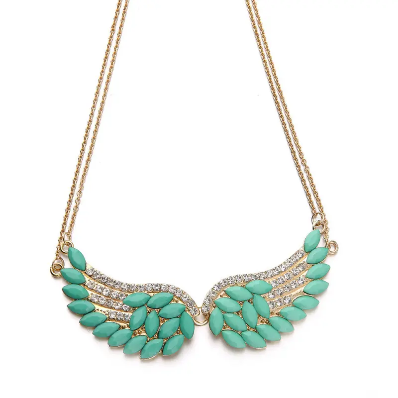 Vintage Inspired Turquoise Rhinestone Angel Wings Pendant Statet Bib Necklace 2