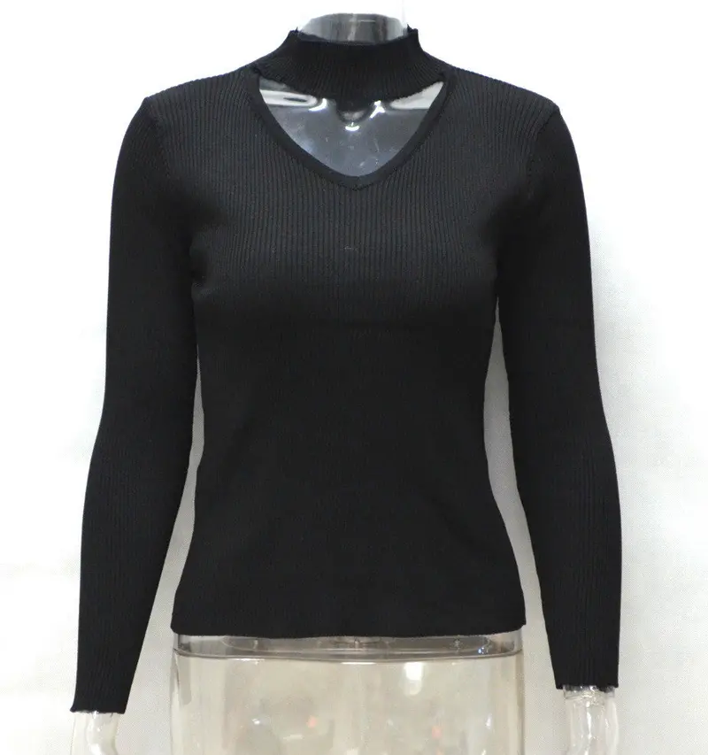 Vintage Knit Top Long Sleeve V Neck Pullover Sweater Knitwear Slim Women Tops Stretch Knitted Pull Femme Solid Color 1