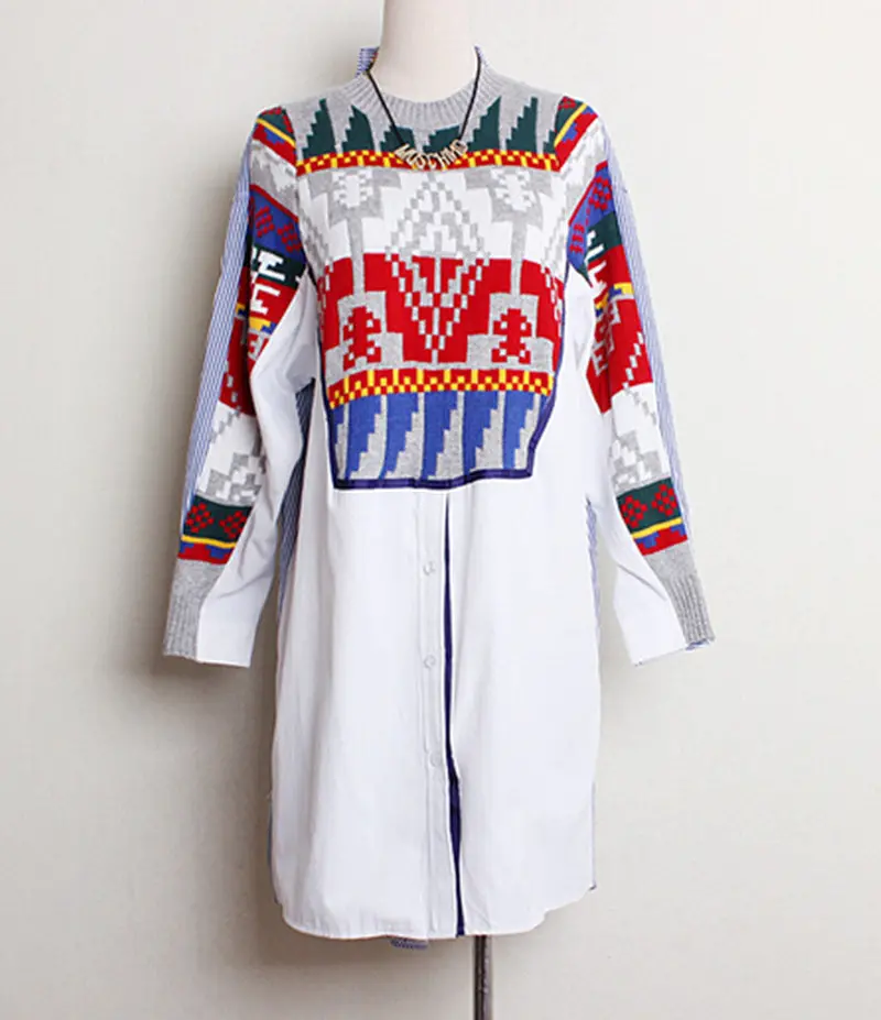 Vintage Knitted Geometric Spliced Vertical Striped Back Stitching Long Shirts Women's O-Neck Long Sleeve Shirt Blouses Tops 1