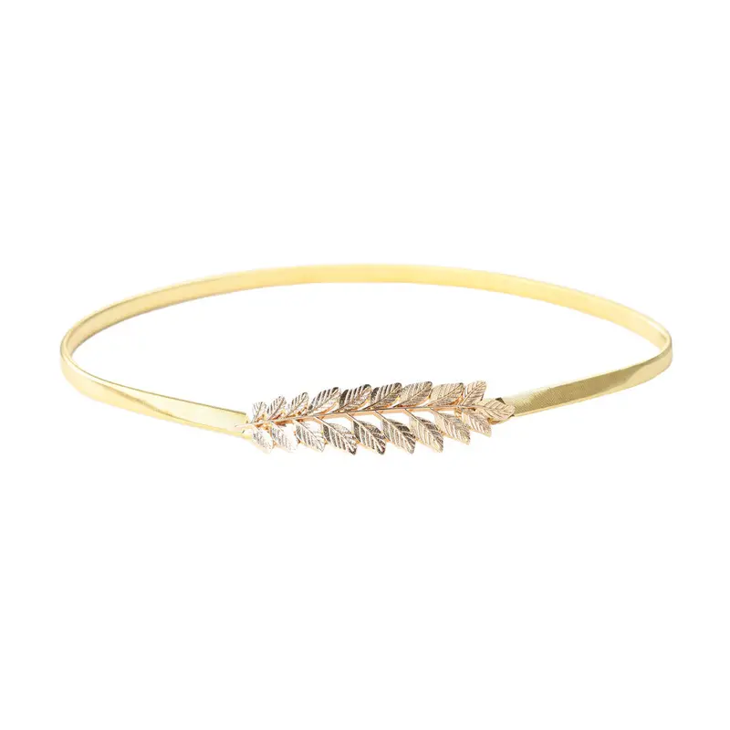 Vintage Korean Womens Belts Ladies Skinny Elastic Metal Belt Leaf Design Clasp Front Stretch Metalic Waist Belt Gold/Silver 1