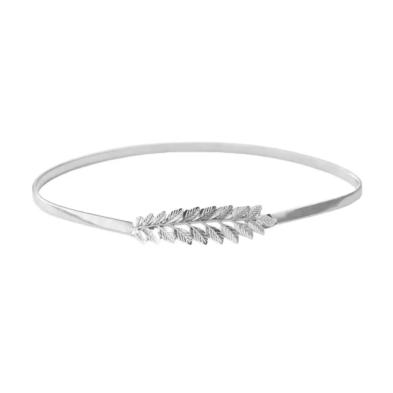 Vintage Korean Womens Belts Ladies Skinny Elastic Metal Belt Leaf Design Clasp Front Stretch Metalic Waist Belt Gold/Silver 2