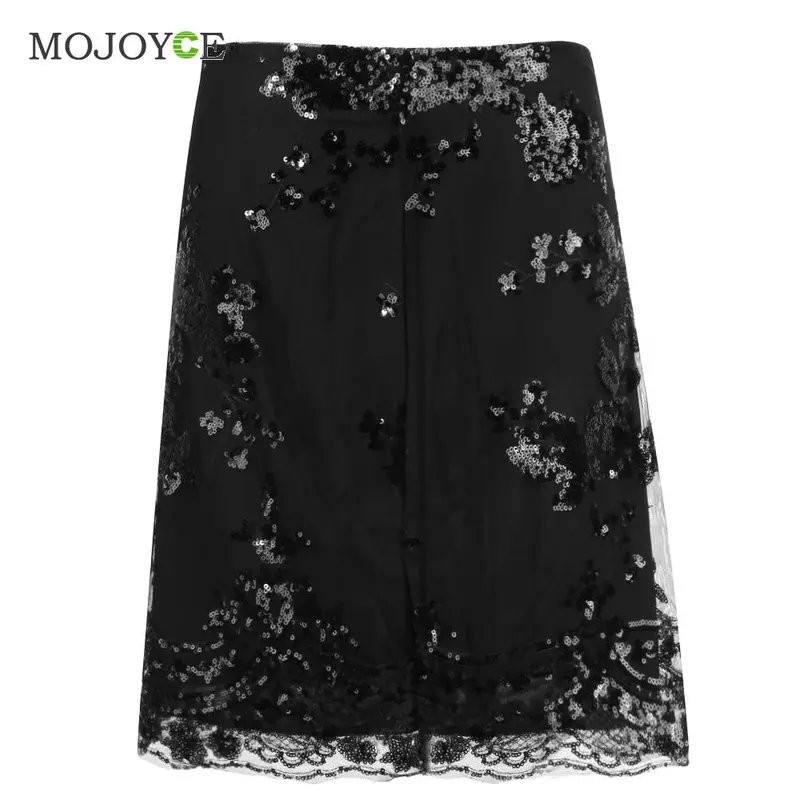 Vintage Lace Sequin Mesh Women Skirt High Waist Bodycon Embroidery Pencil Skirt Stitchwork Gauze Mini Skirts Womens 1