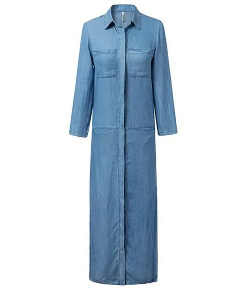 Vintage Lapel Pockets On Front Casual Denim Shirt Dress Women's Long Sleeve Long Straight Dresses Tops 1