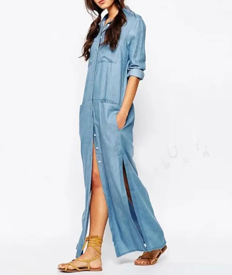 Vintage Lapel Pockets On Front Casual Denim Shirt Dress Women's Long Sleeve Long Straight Dresses Tops 3
