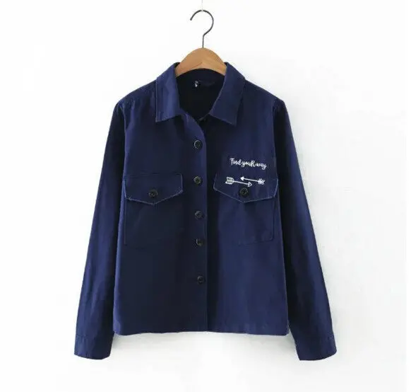 Vintage Letter Print Pockets Military Jacket Women Lapel Arrow Casual Jacket Short Coat Outerwear Tops Femme 1