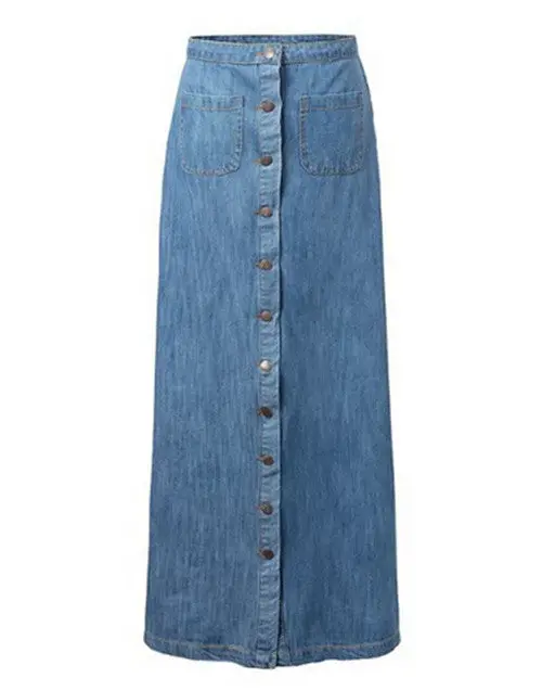 Vintage Light Blue Button Denim Maxi Long Skirt Women's High Waist Package Hips Skirt A-Line Line Flared Skirt 1
