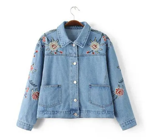 Vintage Light Blue Pockets Flower Embroidery Denim Jacket Women Buttons Short Jacket Loose Coat Femme Jean Outerwear 1