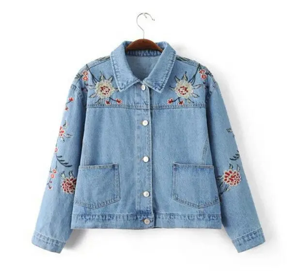 Vintage Light Blue Pockets Flower Embroidery Denim Jacket Women Buttons Short Jacket Loose Coat Femme Jean Outerwear 4