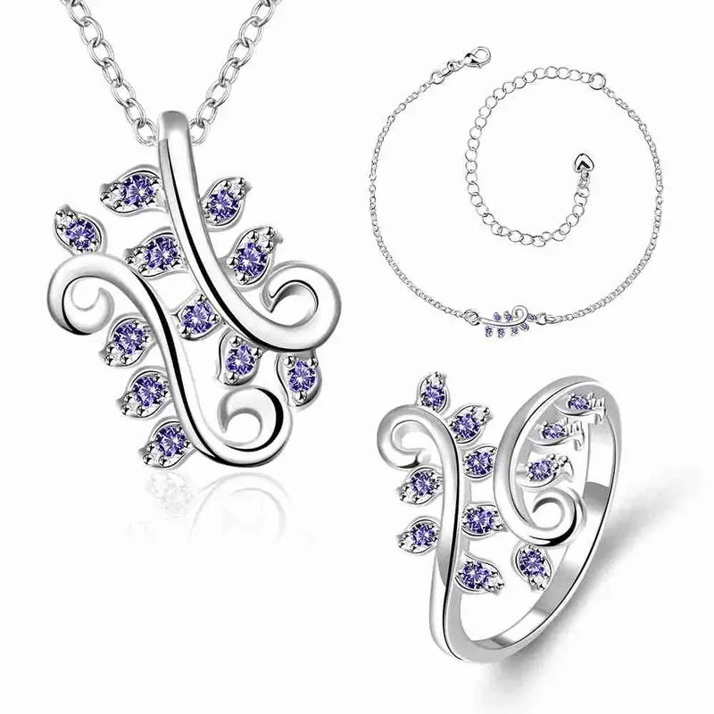 Vintage Love Jewelry Of Silver Jewelry Set Willow Leaf Crystal Anklet+Ring+Necklace Men Jewelry 1
