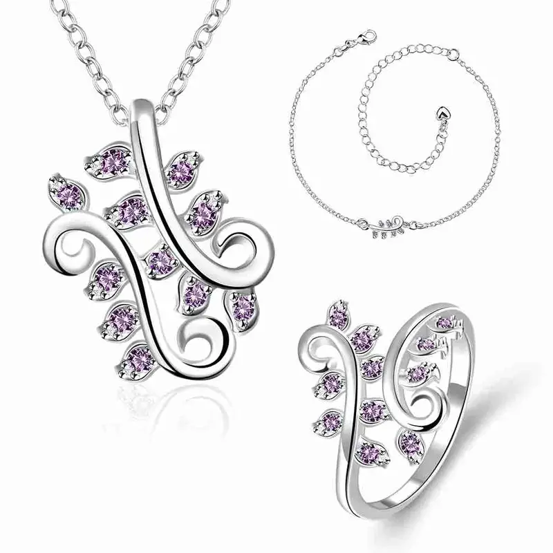 Vintage Love Jewelry Of Silver Jewelry Set Willow Leaf Crystal Anklet+Ring+Necklace Men Jewelry 2
