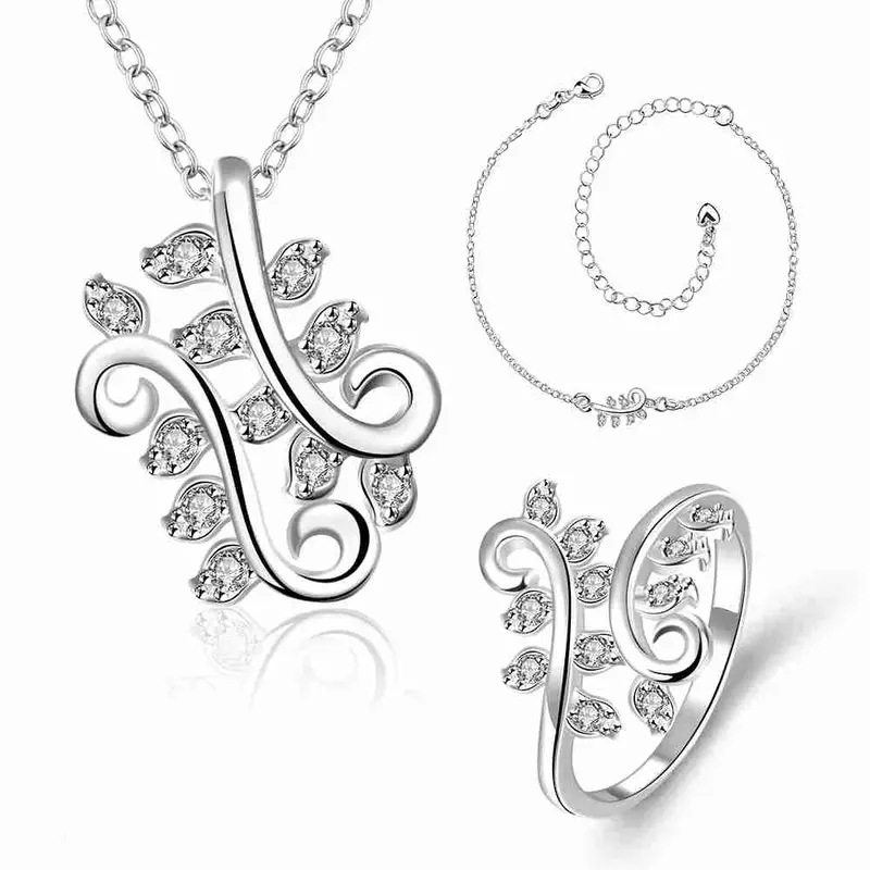Vintage Love Jewelry Of Silver Jewelry Set Willow Leaf Crystal Anklet+Ring+Necklace Men Jewelry 3