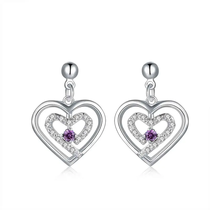 Vintage Love Silver Plated Clip On Earrings Purple Heart In Heart Stud Orecchini Joias  18 1
