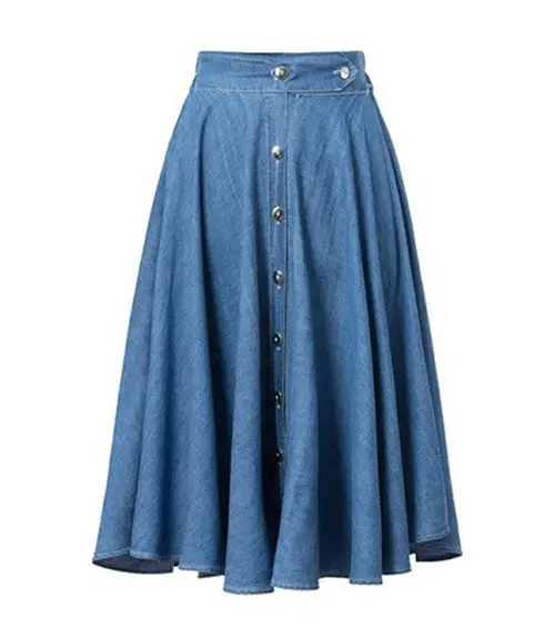 Vintage Metal Button Denim Long Midi Pleated Swing Skirt Women Elastic High Waist Skirt A-Line Line Flared Skirt 1