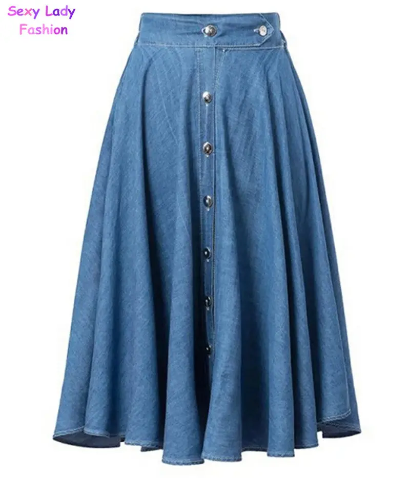 Vintage Metal Button Denim Long Midi Pleated Swing Skirt Women Elastic High Waist Skirt A-Line Line Flared Skirt 2