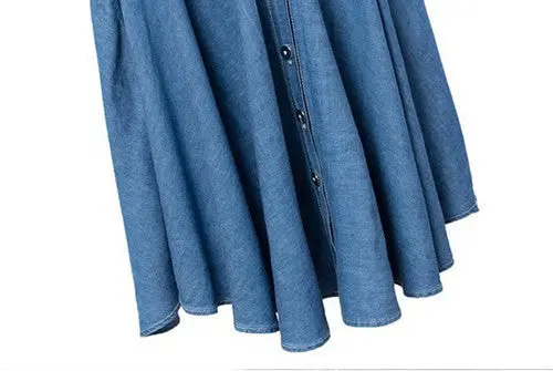 Vintage Metal Button Denim Long Midi Pleated Swing Skirt Women Elastic High Waist Skirt A-Line Line Flared Skirt 3