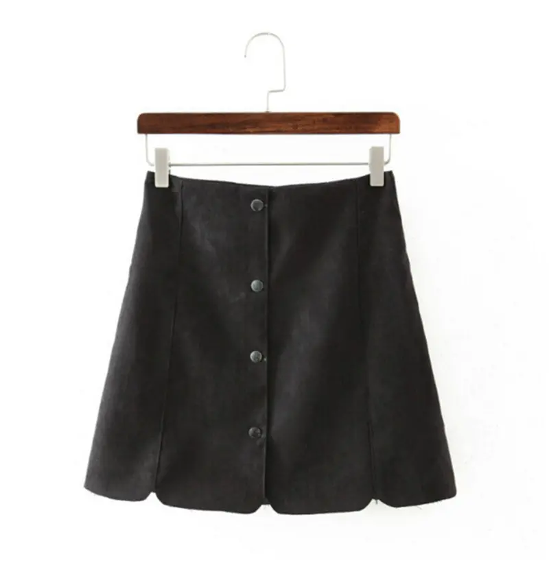 Vintage Metal Buttons Single-Breasted Faux Suede Skirt High Waist Wave Hem Package Hips Skirt A-Line Mini Short Skirt 3 Colors 1