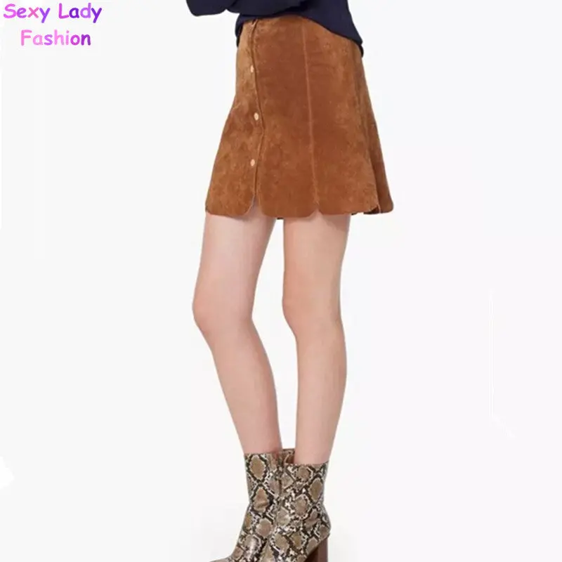 Vintage Metal Buttons Single-Breasted Faux Suede Skirt High Waist Wave Hem Package Hips Skirt A-Line Mini Short Skirt 3 Colors 4