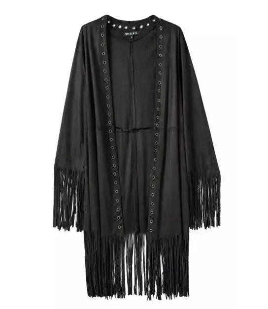 Vintage Metal Eyelets Faux Suede Fringed Long Trench Women Tassel Patchwork Cardigan Shawl Coat Outwear Black S M L 1