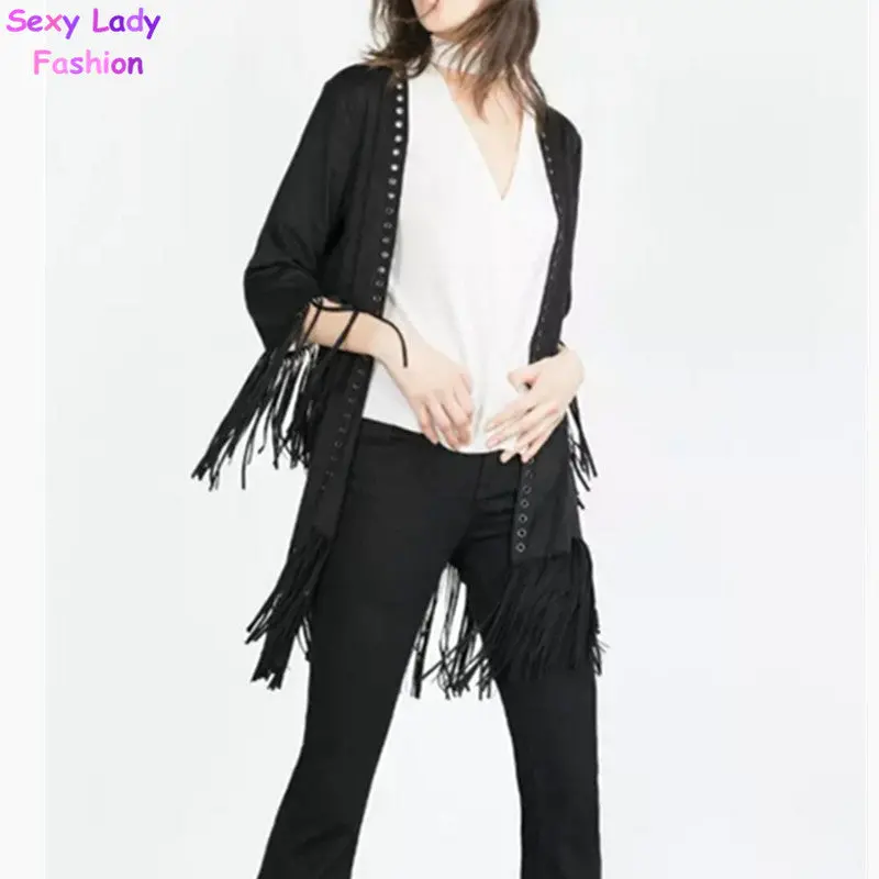 Vintage Metal Eyelets Faux Suede Fringed Long Trench Women Tassel Patchwork Cardigan Shawl Coat Outwear Black S M L 2