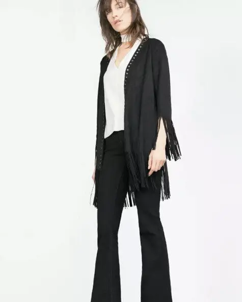 Vintage Metal Eyelets Faux Suede Fringed Long Trench Women Tassel Patchwork Cardigan Shawl Coat Outwear Black S M L 3