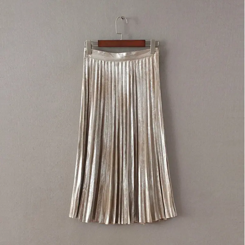 Vintage Metallic Color Midi Pleated Skirt Woman High Waist Gradient Bronzing Golden Sliver A Line Skater Long Swing Skirts 1