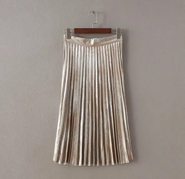 Vintage Metallic Color Midi Pleated Skirt Woman High Waist Gradient Bronzing Golden Sliver A Line Skater Long Swing Skirts 3