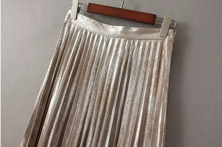 Vintage Metallic Color Midi Pleated Skirt Woman High Waist Gradient Bronzing Golden Sliver A Line Skater Long Swing Skirts 4