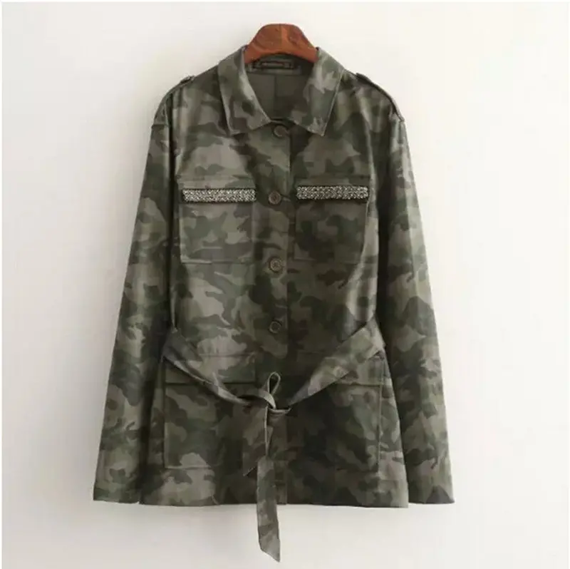 Vintage Military Camouflage Lapel Collar Cardigan Cotton Trench Women Beading Pockets Long Sleeve With Sashes Mid Long Coat Tops 1