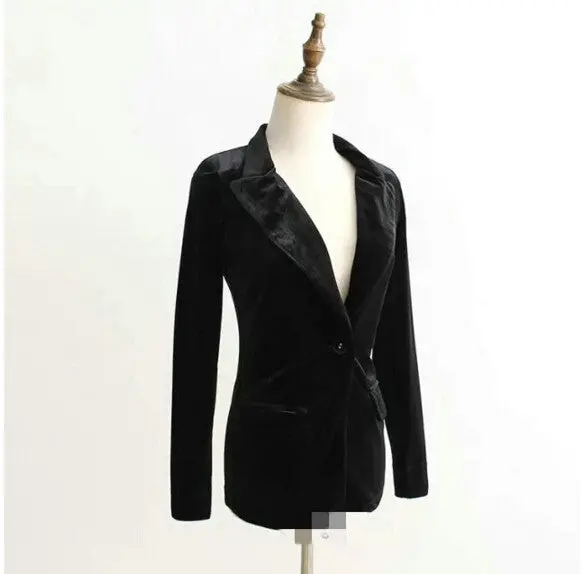 Vintage Notched Slim Fit Velour Blazer Woman Solid Color Velvet Ol Suit Jacket Coat Outerwear 1