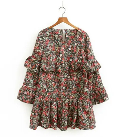 Vintage O Neck Floral Print Ruffles Dress Woman Long Sleeve Flower Loose Short Dresses Femme 1