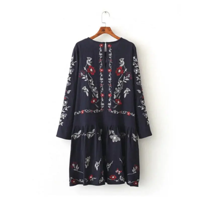 Vintage O Neck Flower Embroidery Dress Woman Contrast Color Long Sleeve Loose Blusas Dresses 1