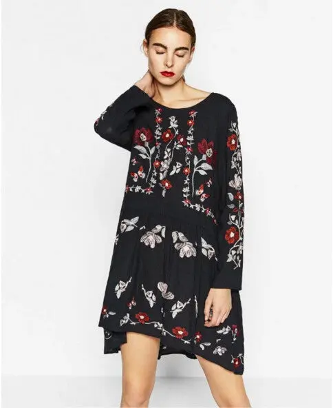 Vintage O Neck Flower Embroidery Dress Woman Contrast Color Long Sleeve Loose Blusas Dresses 3