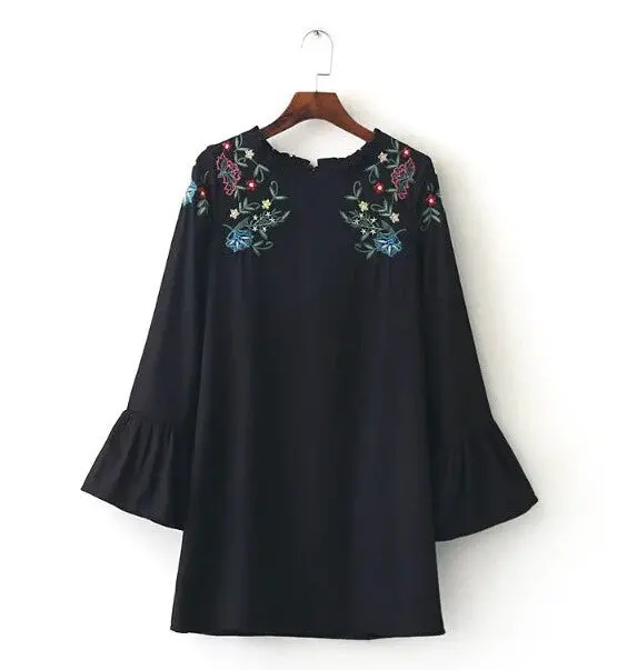 Vintage O Neck Flower Embroidery Dress Woman Contrast Color Ruffles Long Sleeve Loose Blusas Dresses Black 1